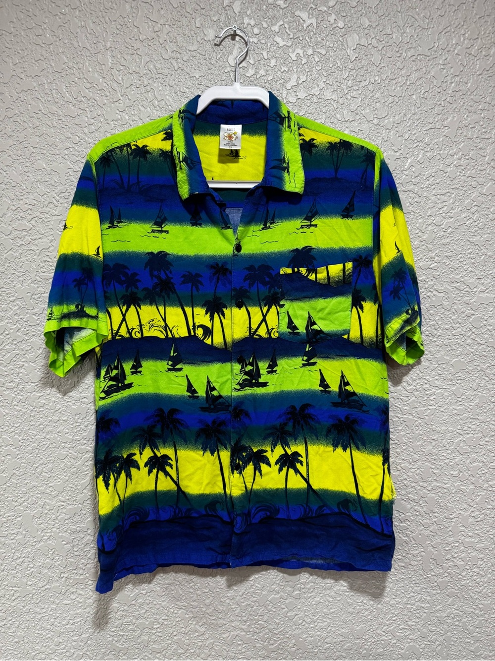 ALOHAS Neon Lime & Blue Tropical Stripe Polo